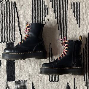 Platform Doc Martens Black Leather Boots with Rainbow Laces